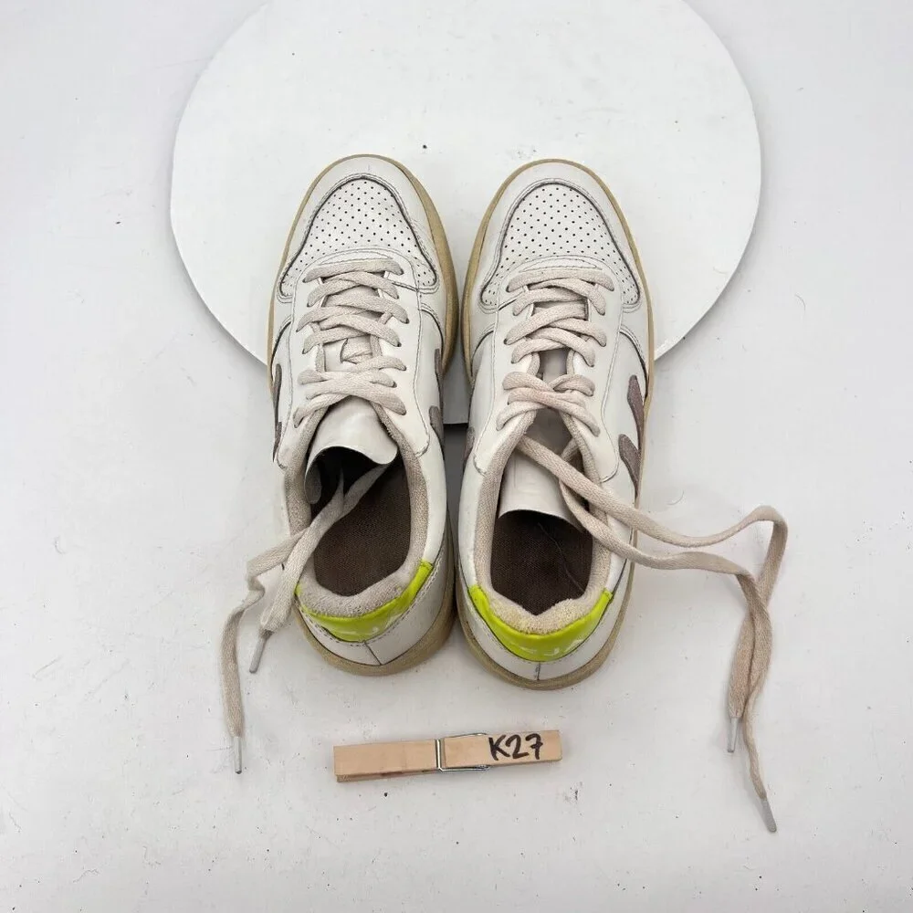 Veja V-10 Women Sz 6 White Neon Leather Brown Stitch V Logo Suede Training Shoes